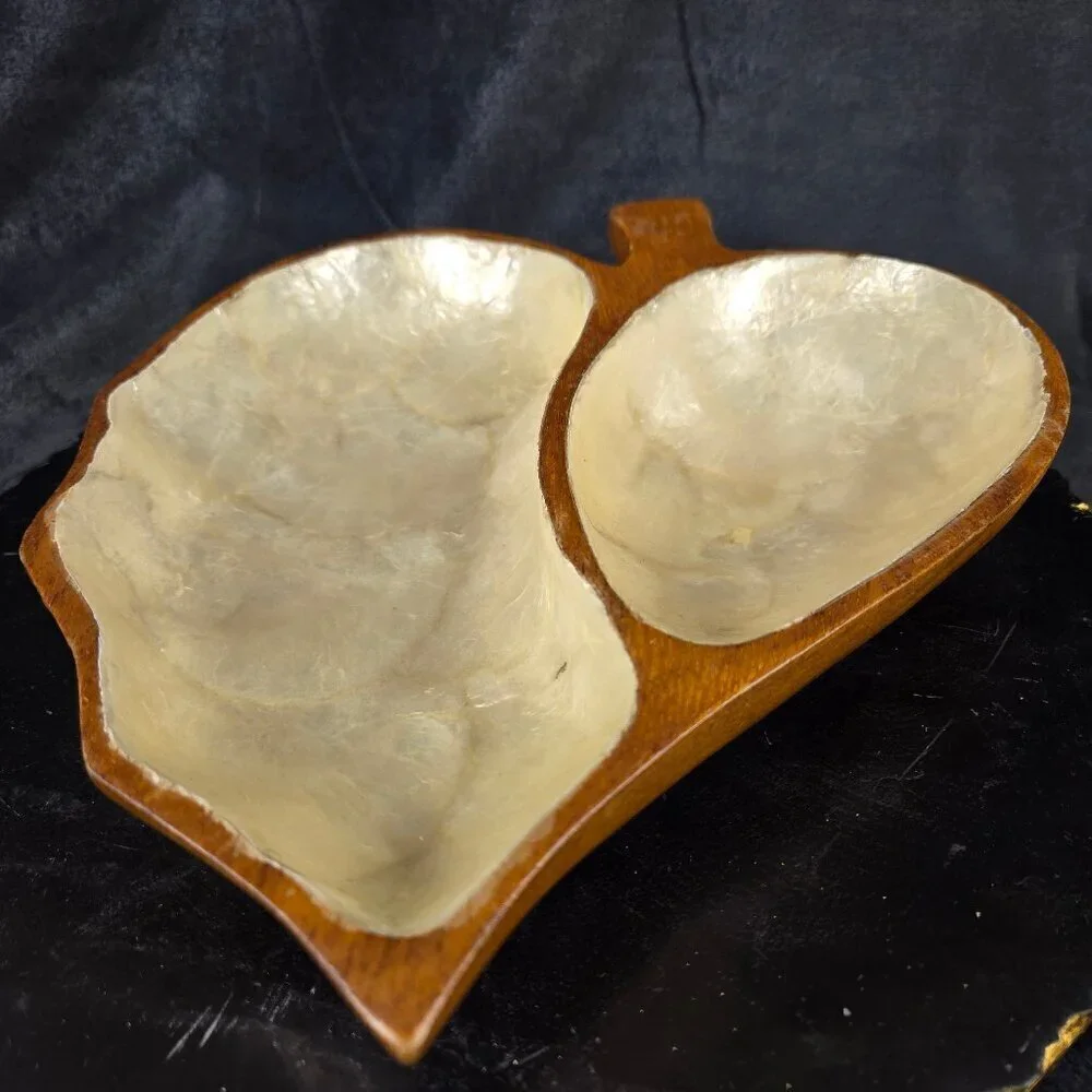 Vintage Two Section Leaf Dish Monkey Pod Wood with White Capiz Shell Inlay